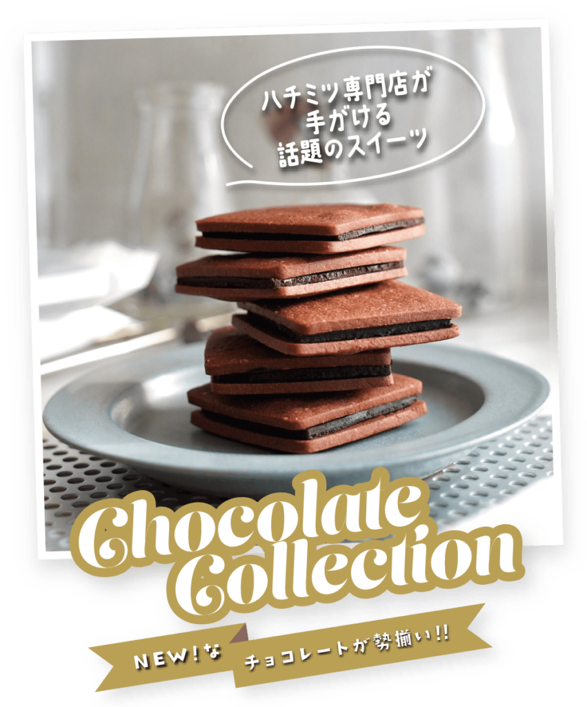 ハチミツ専門店が
手がける
話題のスイーツ
NEW!なチョコレートが勢揃い!!